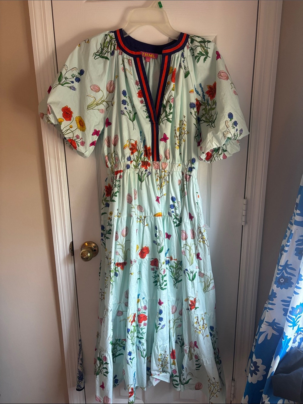 THML Light Mint Floral Tiered Maxi Dress with Colorful Trim